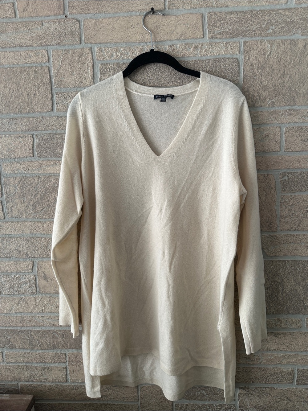 Eileen Fisher Cashmere V-neck Tunic Sweater Cream Ivory Luxury Minimalist